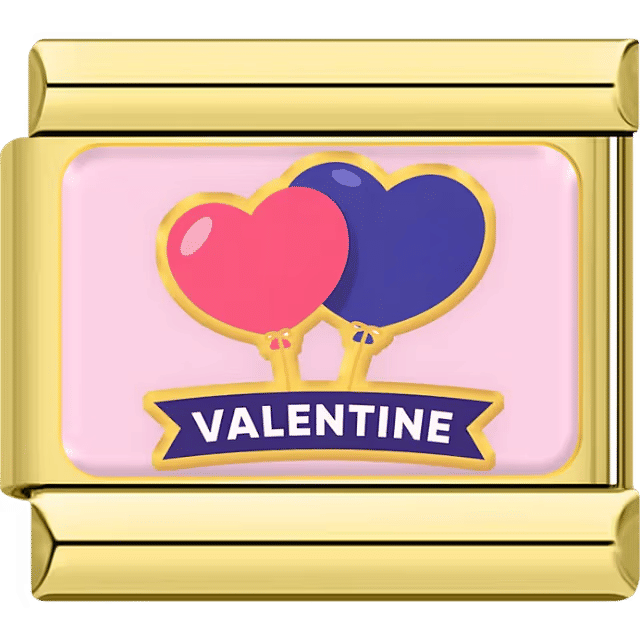 Two heart balloons with “Valentine” banner on a gold Italian charm